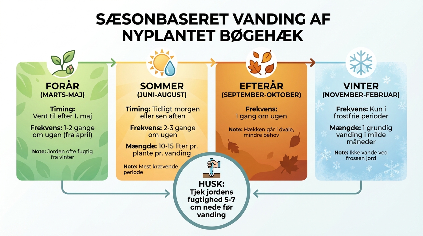 Vandingsplan for nyplantet bøgehæk gennem årstiderne