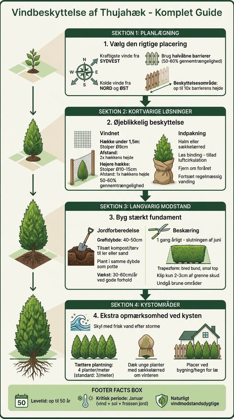 Komplet guide til vindbeskyttelse af thujahæk - fra plantning til langvarig pleje