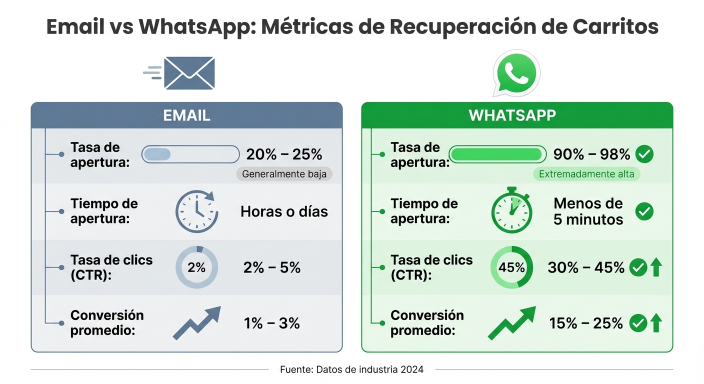 Comparación de tasas de recuperación: Email vs WhatsApp para carritos abandonados