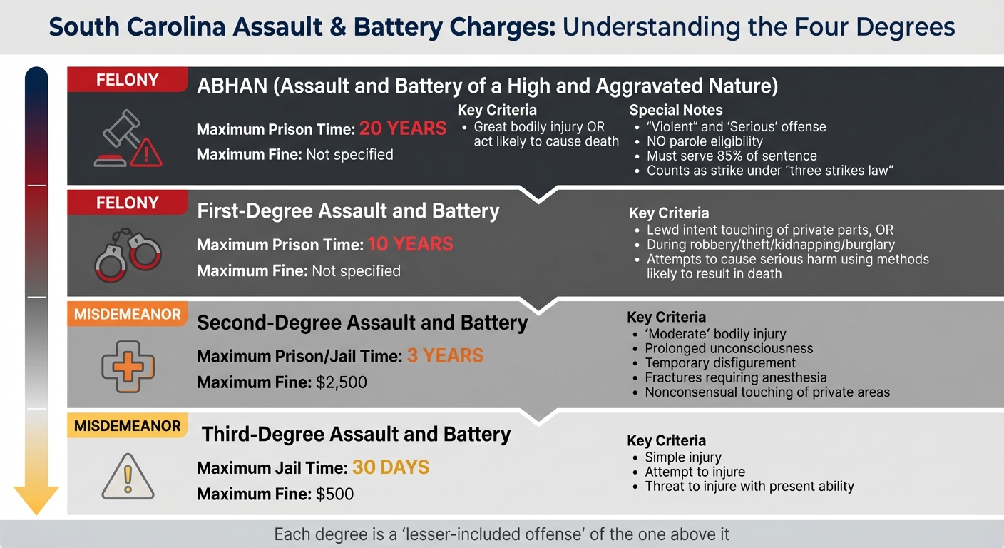 South Carolina Assault and Battery Charges: Degrees, Penalties, and Classification