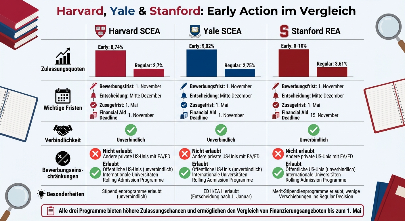 Harvard vs Yale vs Stanford Early Action Vergleich: Fristen, Zulassungsquoten und Richtlinien