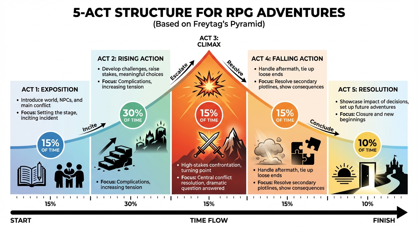 5-Act RPG Adventure Structure with Time Allocation and Key Elements