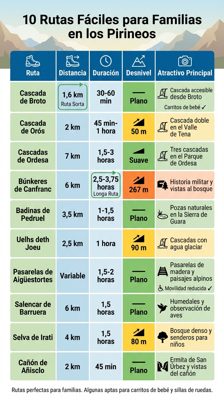 Comparativa de 10 rutas familiares en los Pirineos: distancia, duración y desnivel