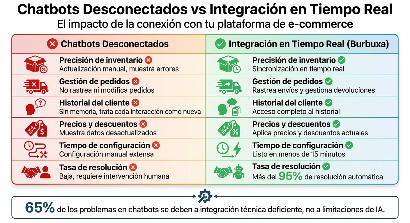 Comparación: Chatbots desconectados vs integración en tiempo real para e-commerce
