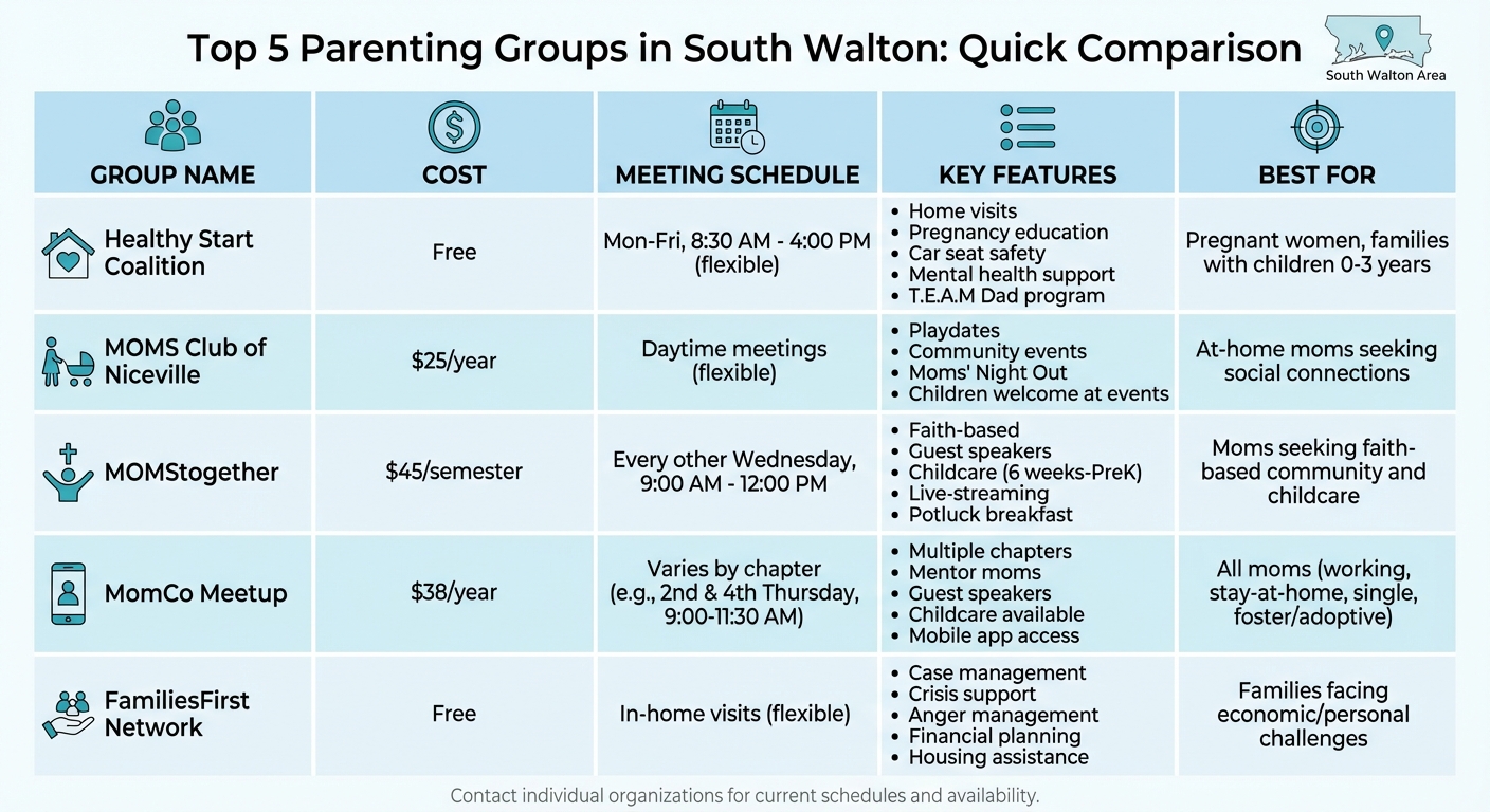 Comparison of 5 South Walton Parenting Groups: Costs, Meeting Times, and Services