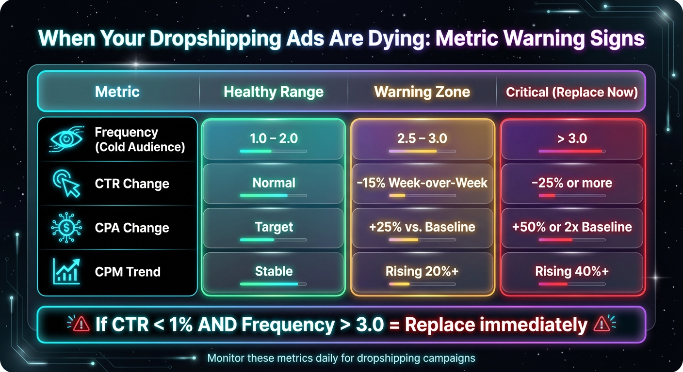 Meta Ad Performance Metrics: Healthy vs Warning vs Critical Zones