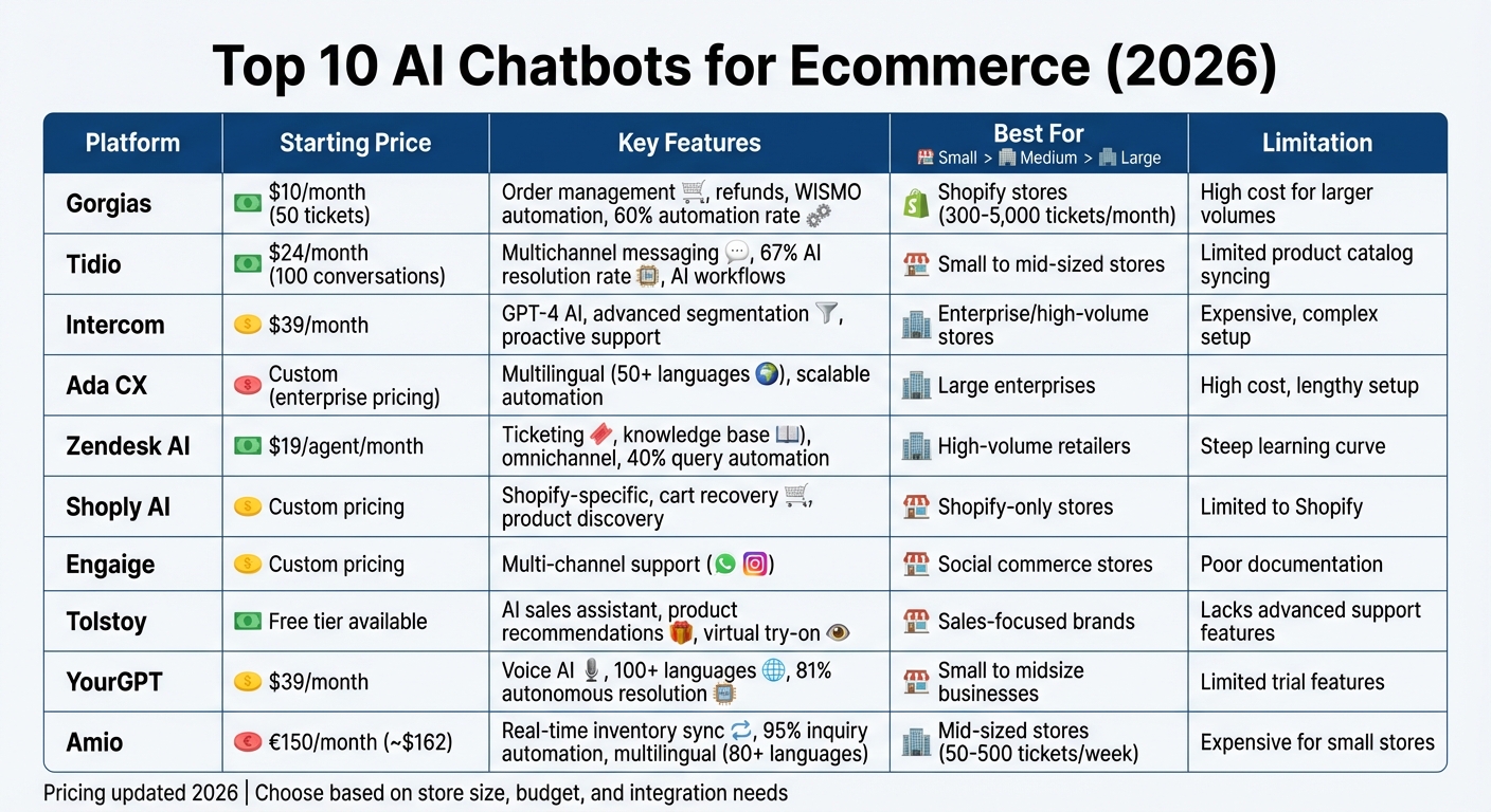 Top 10 AI Chatbots for Ecommerce: Pricing and Features Comparison 2026