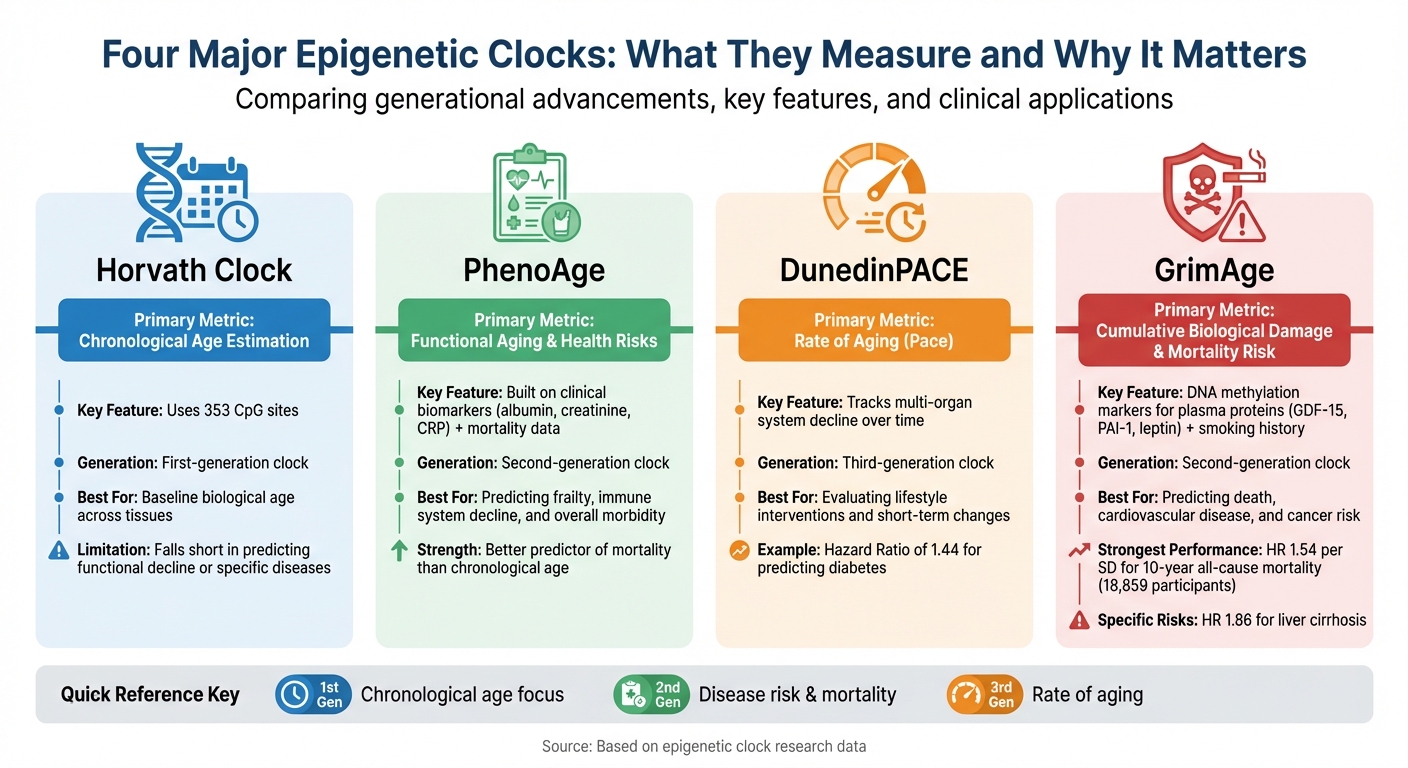 Comparison of Four Major Epigenetic Clock Types and Their Applications