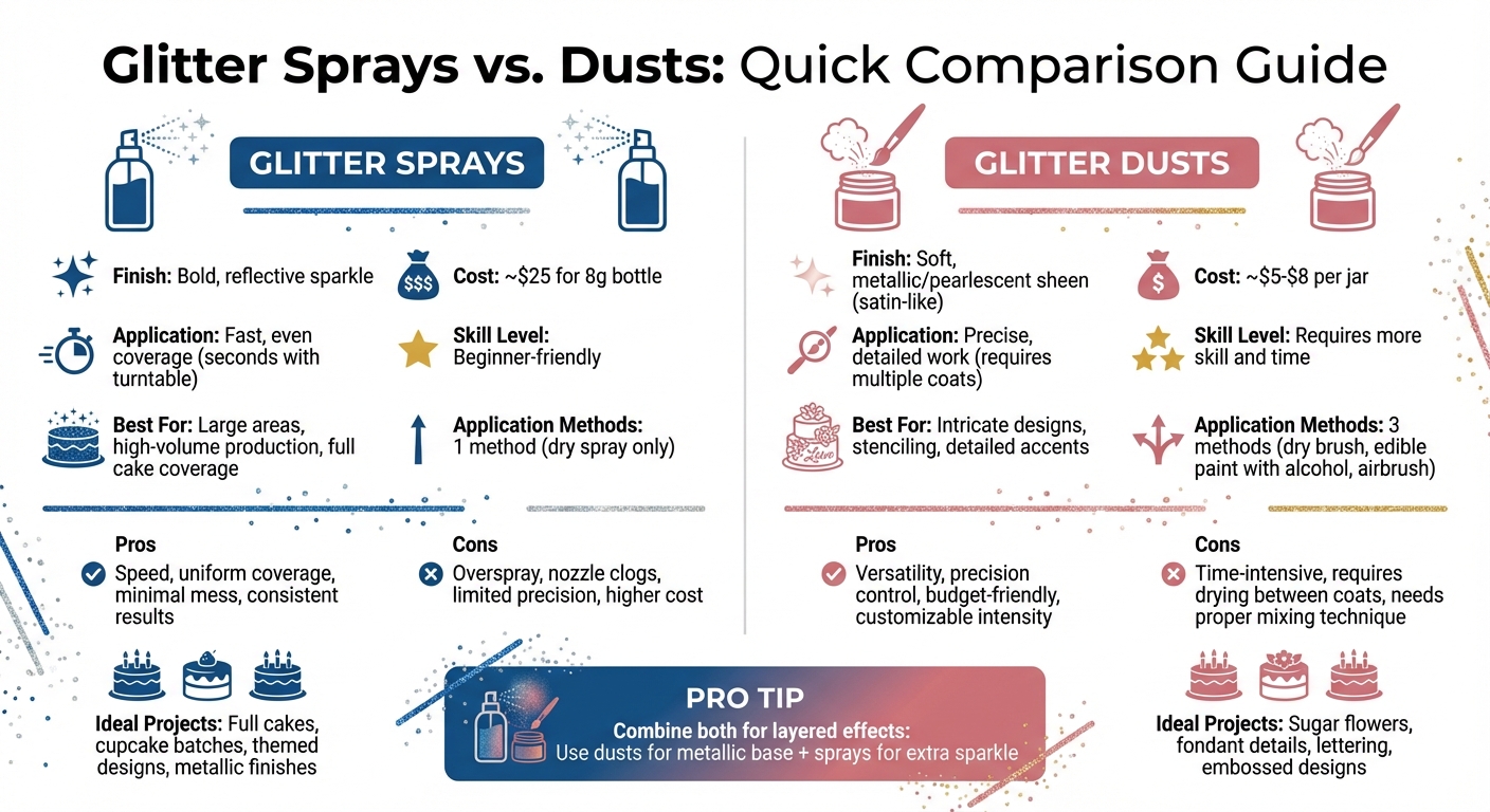Glitter Sprays vs Dusts Comparison Chart for Cake Decorating