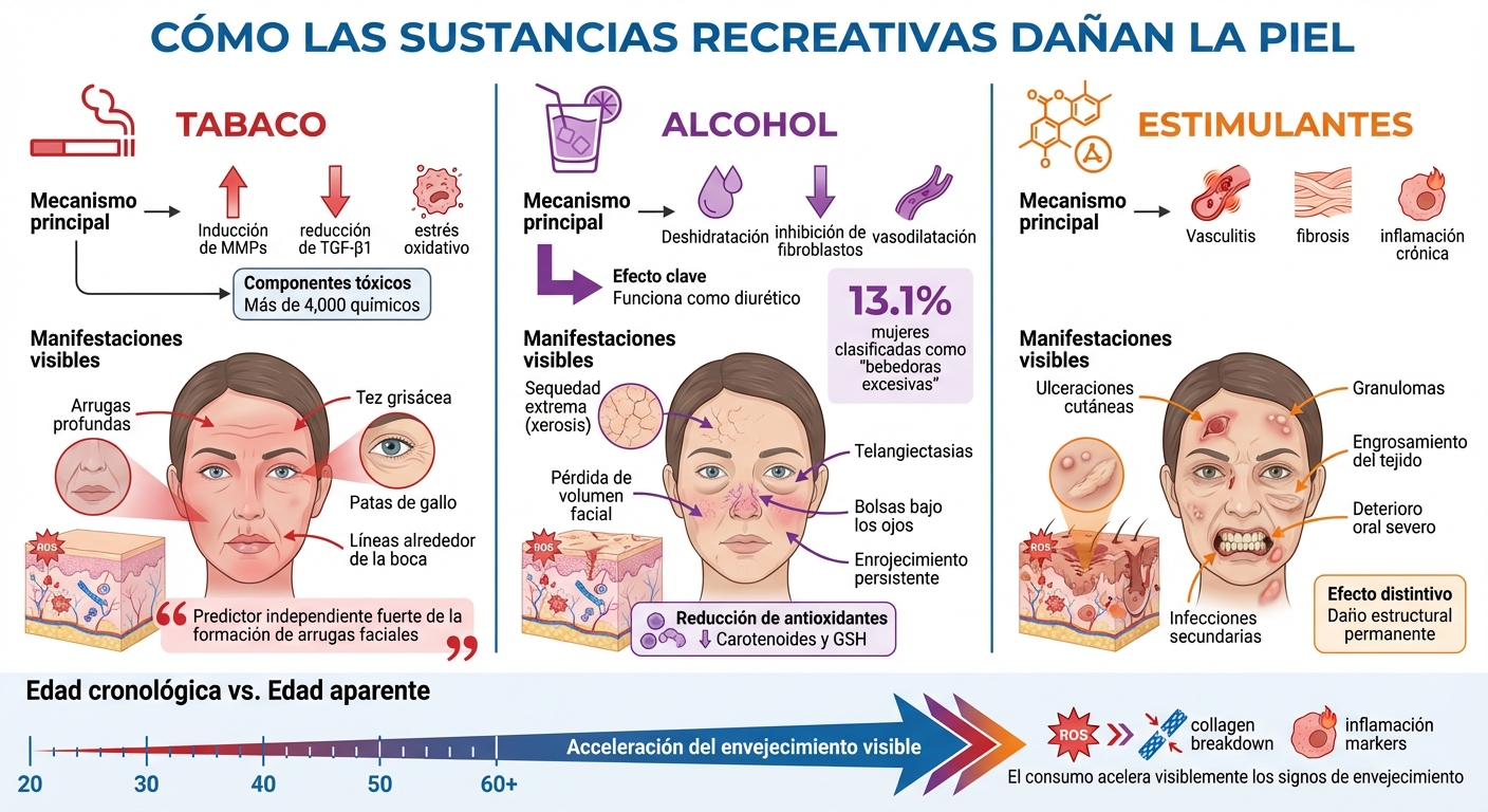 Efectos de sustancias recreativas en el envejecimiento cutáneo: mecanismos y manifestaciones