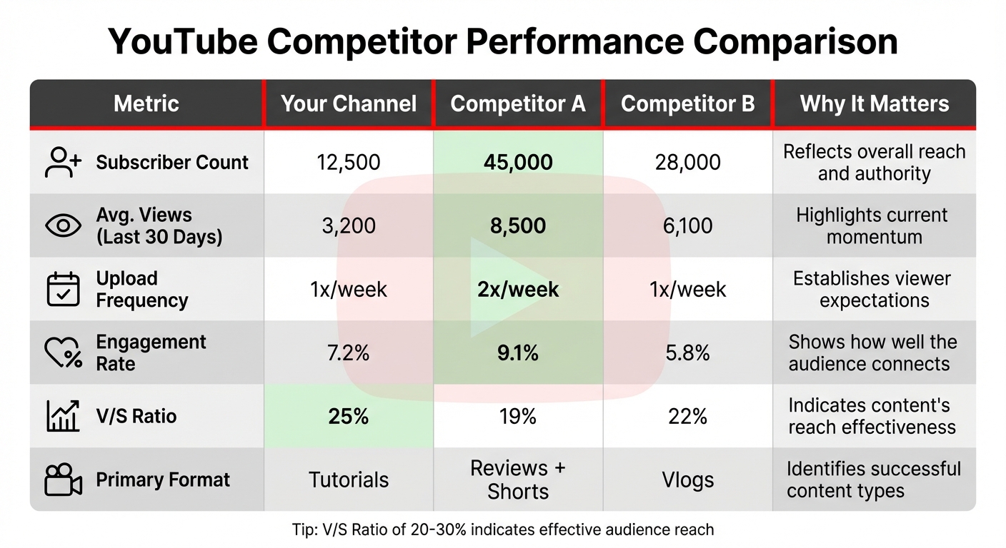 YouTube Competitor Analysis Performance Metrics Comparison Table