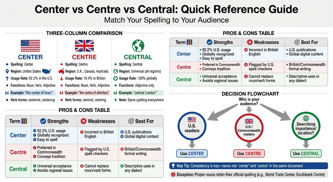 Center vs Centre vs Central: Quick Reference Guide for American and British English