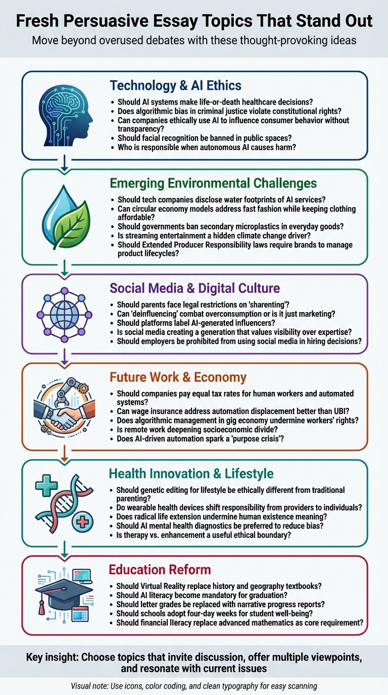 50+ Fresh Persuasive Essay Topics Across 6 Key Categories