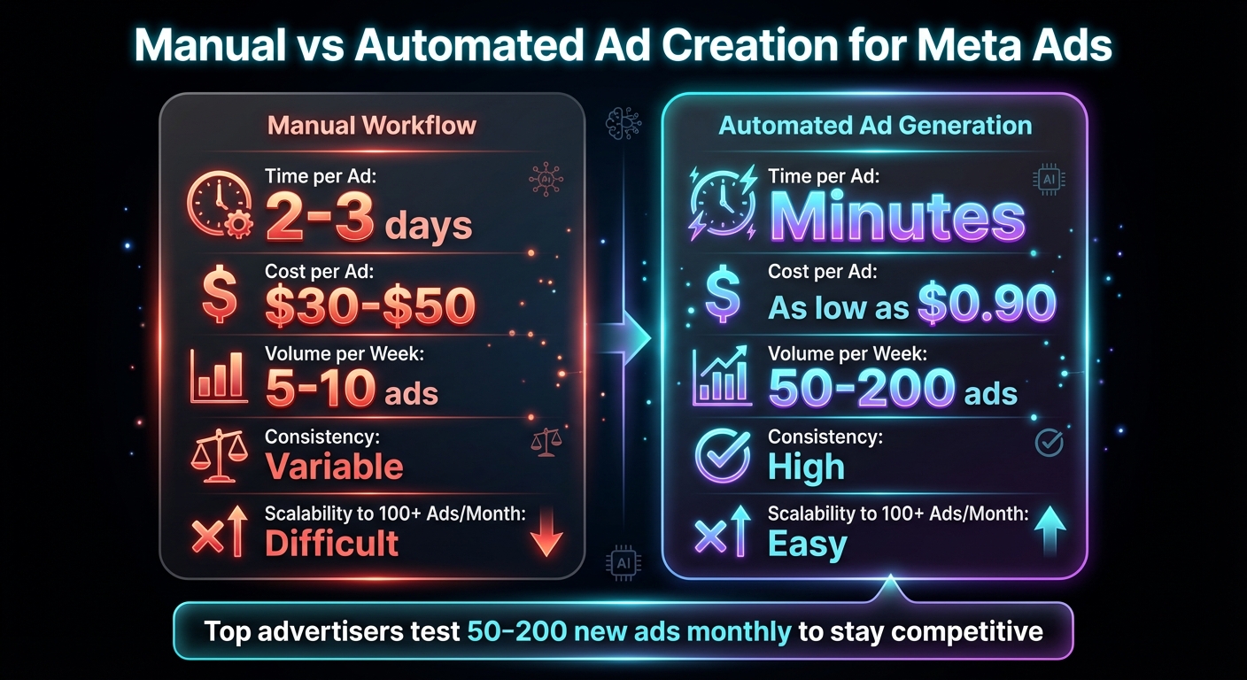 Manual vs Automated Meta Ad Creation: Cost, Speed & Volume Comparison