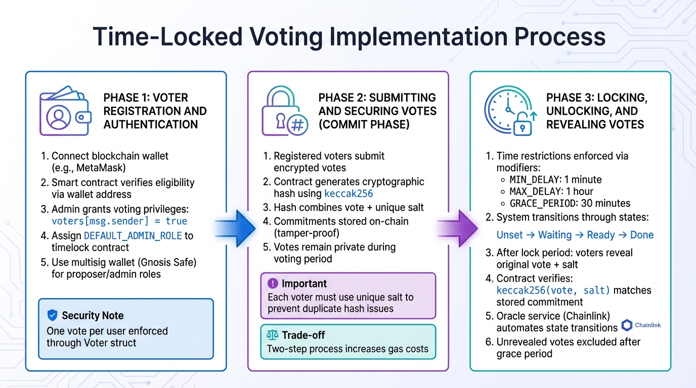 Time-Locked Voting Implementation Process: Registration, Submission, and Revelation Phases