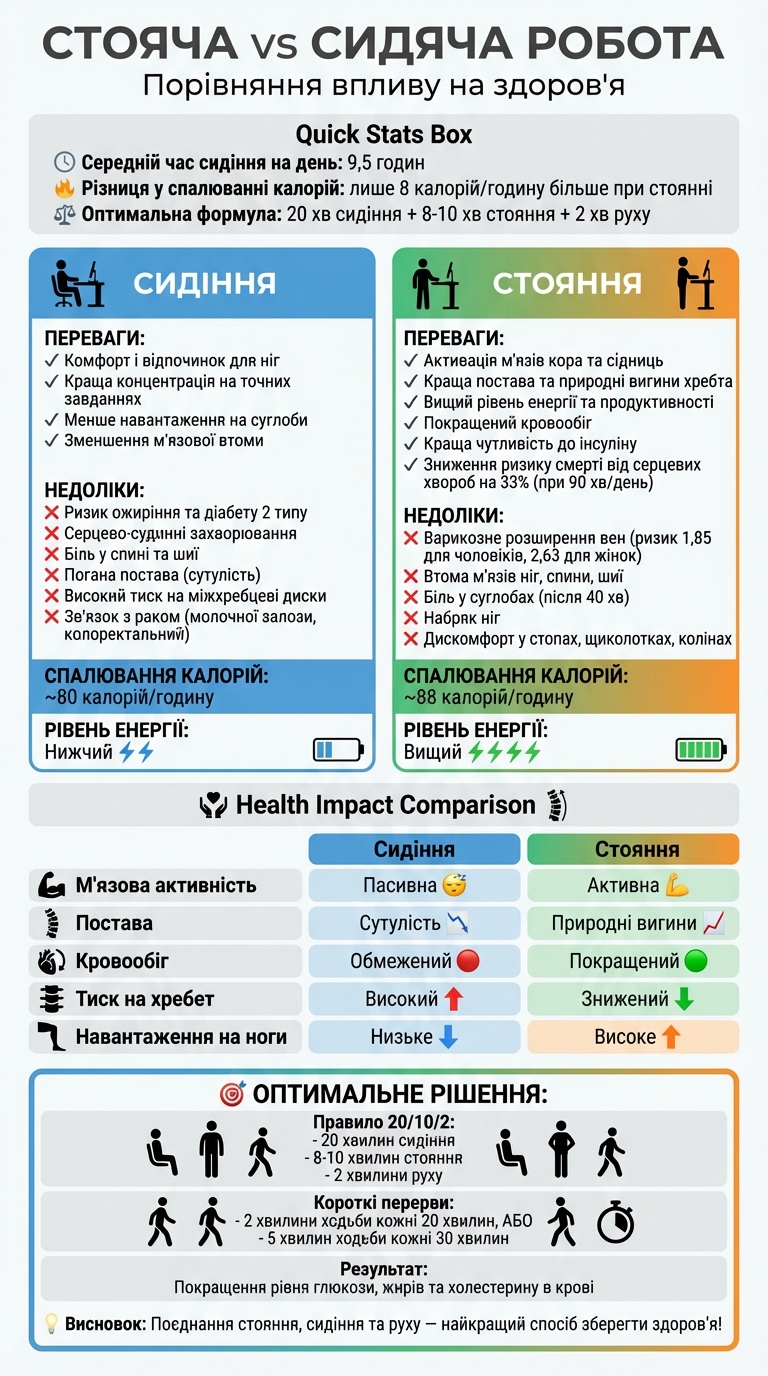 Порівняння стояча vs сидяча робота: вплив на здоров'я