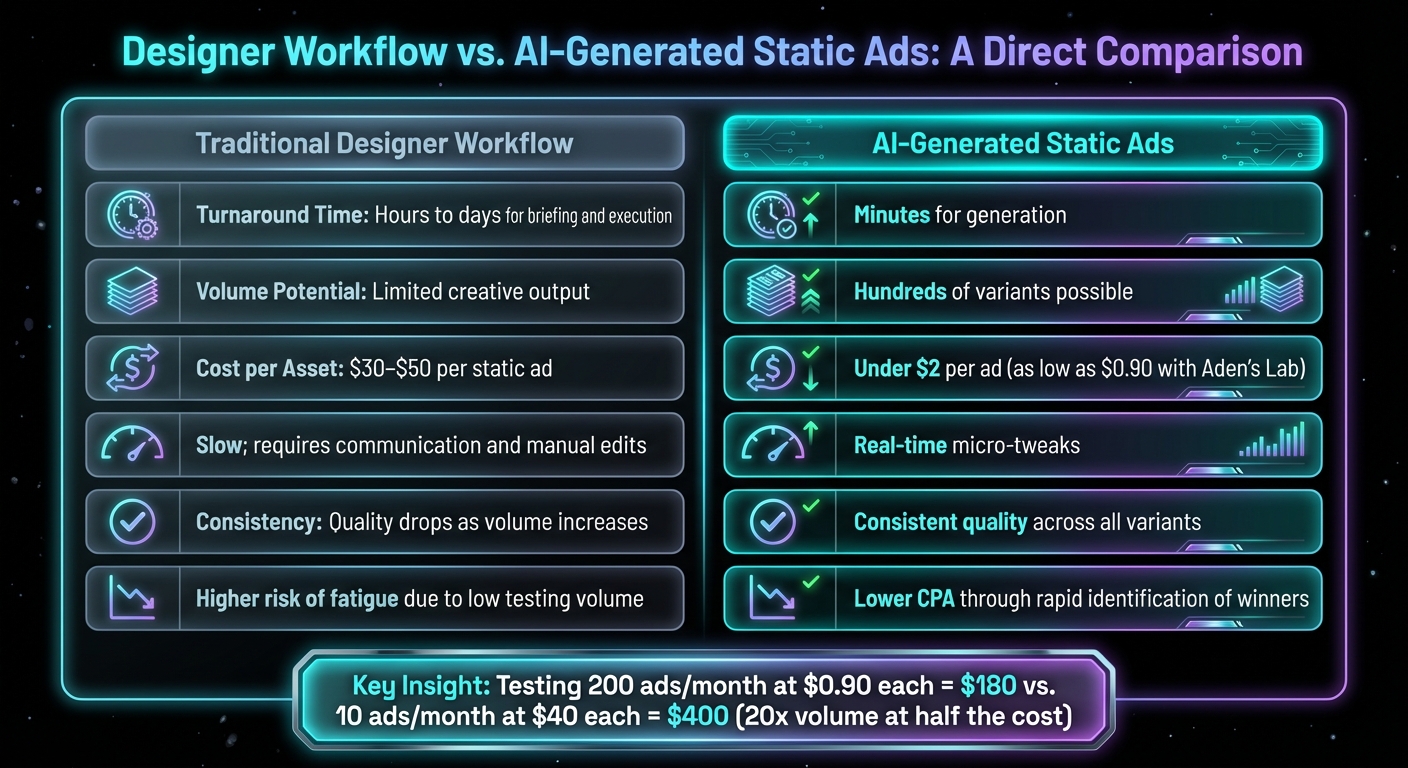 Designer Workflow vs AI-Generated Ads: Cost, Speed & Volume Comparison