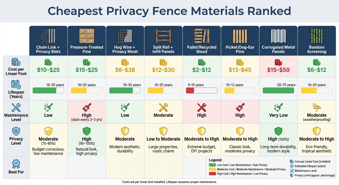 Privacy Fence Materials Cost and Durability Comparison Chart
