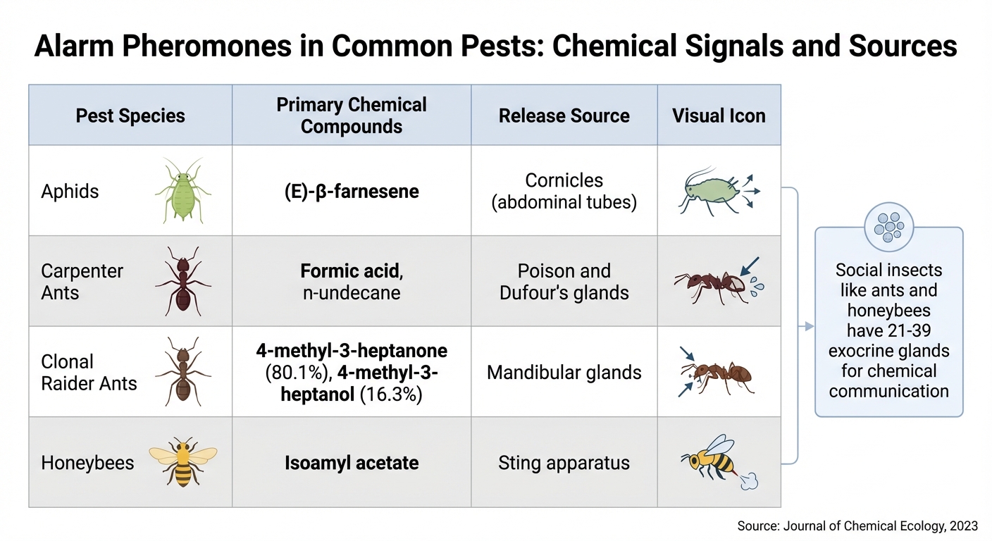 Common Pest Alarm Pheromones: Chemical Compounds and Release Sources