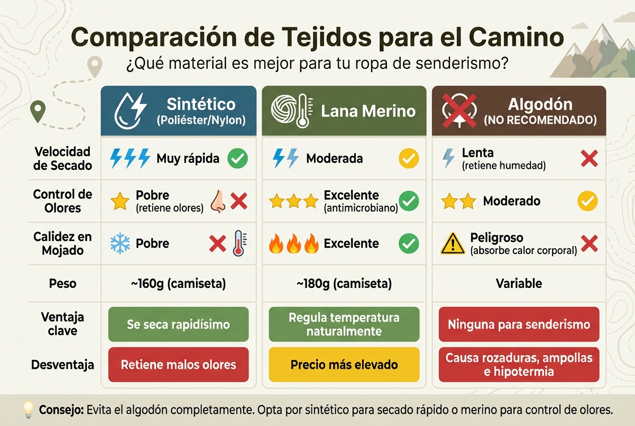 Comparison of technical fabrics for the Camino de Santiago: synthetic vs merino wool vs cotton