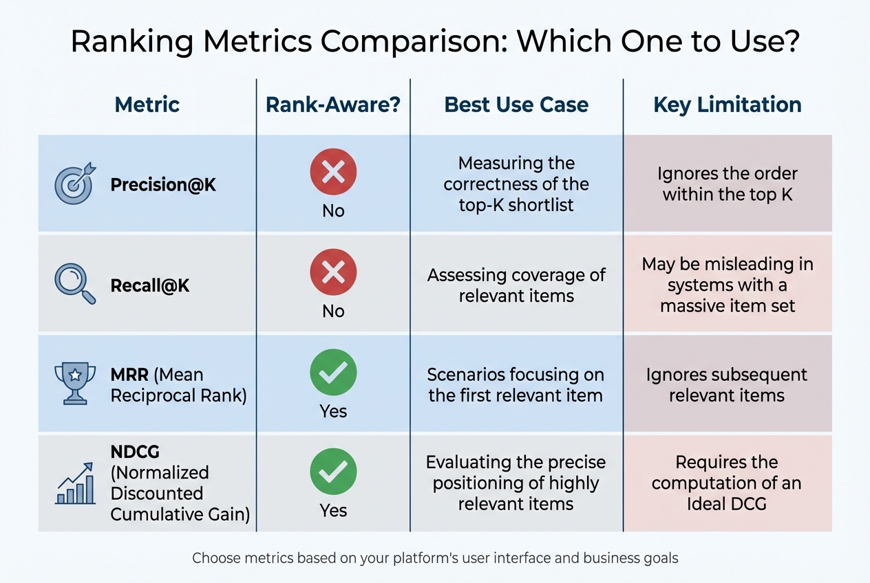 Comparison of Key Recommendation System Evaluation Metrics
