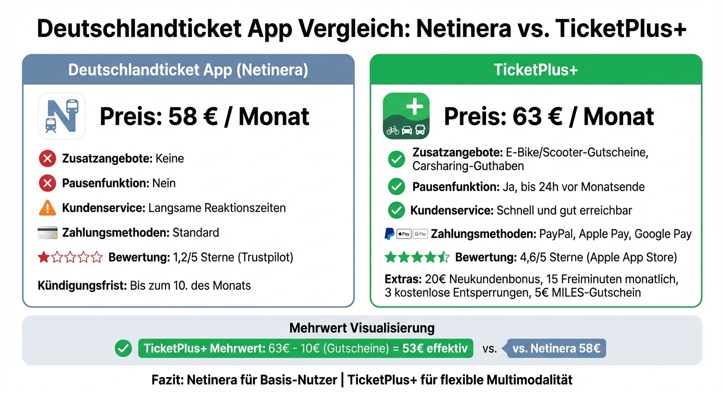 Deutschlandticket App Netinera vs TicketPlus+ Vergleich: Preise, Features und Bewertungen