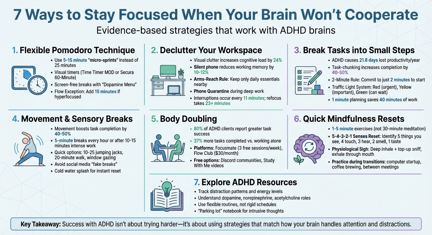 7 Focus Strategies for ADHD Brains: Quick Reference Guide