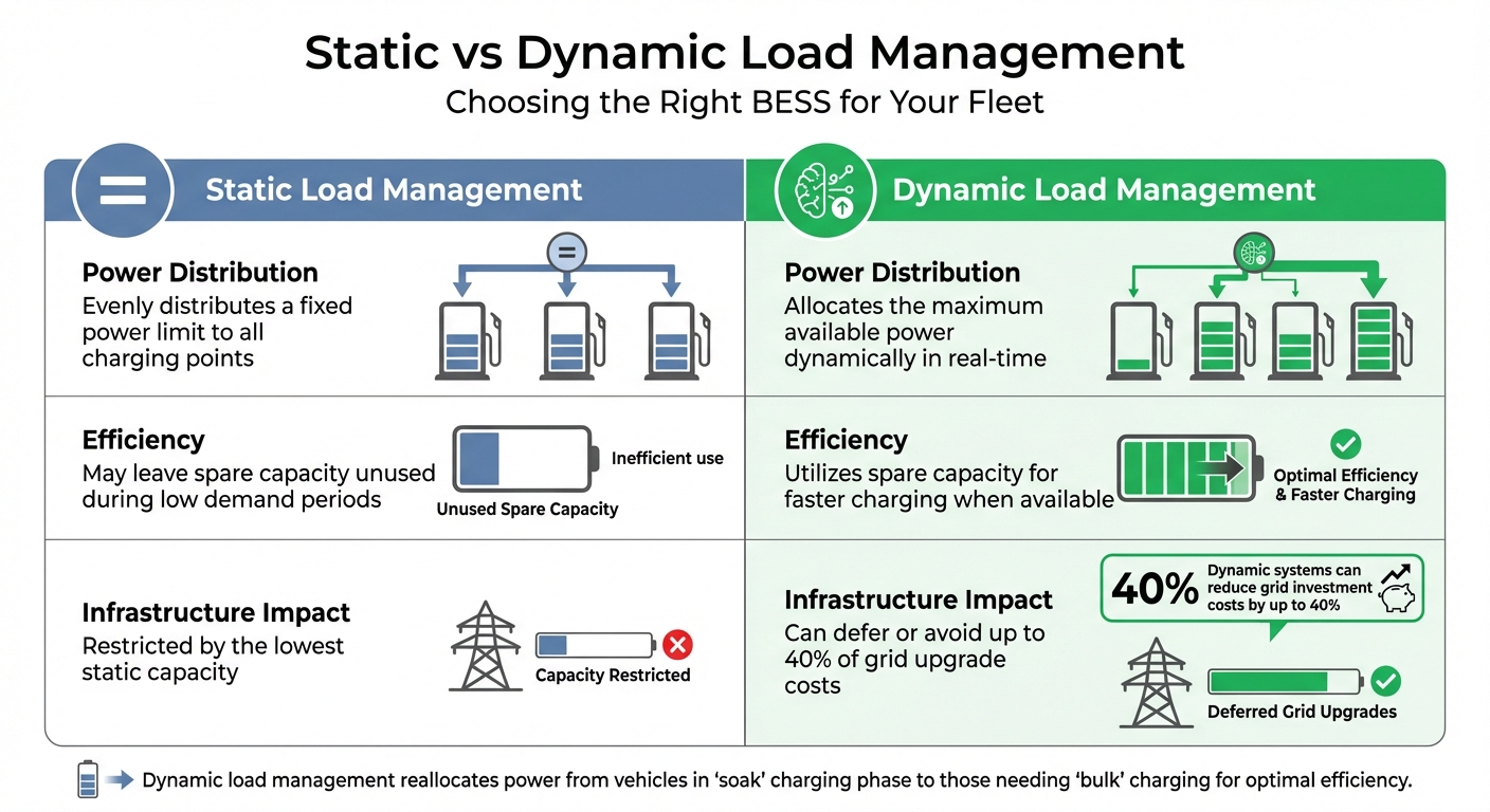 Static vs Dynamic Load Management for Fleet Battery Storage Systems
