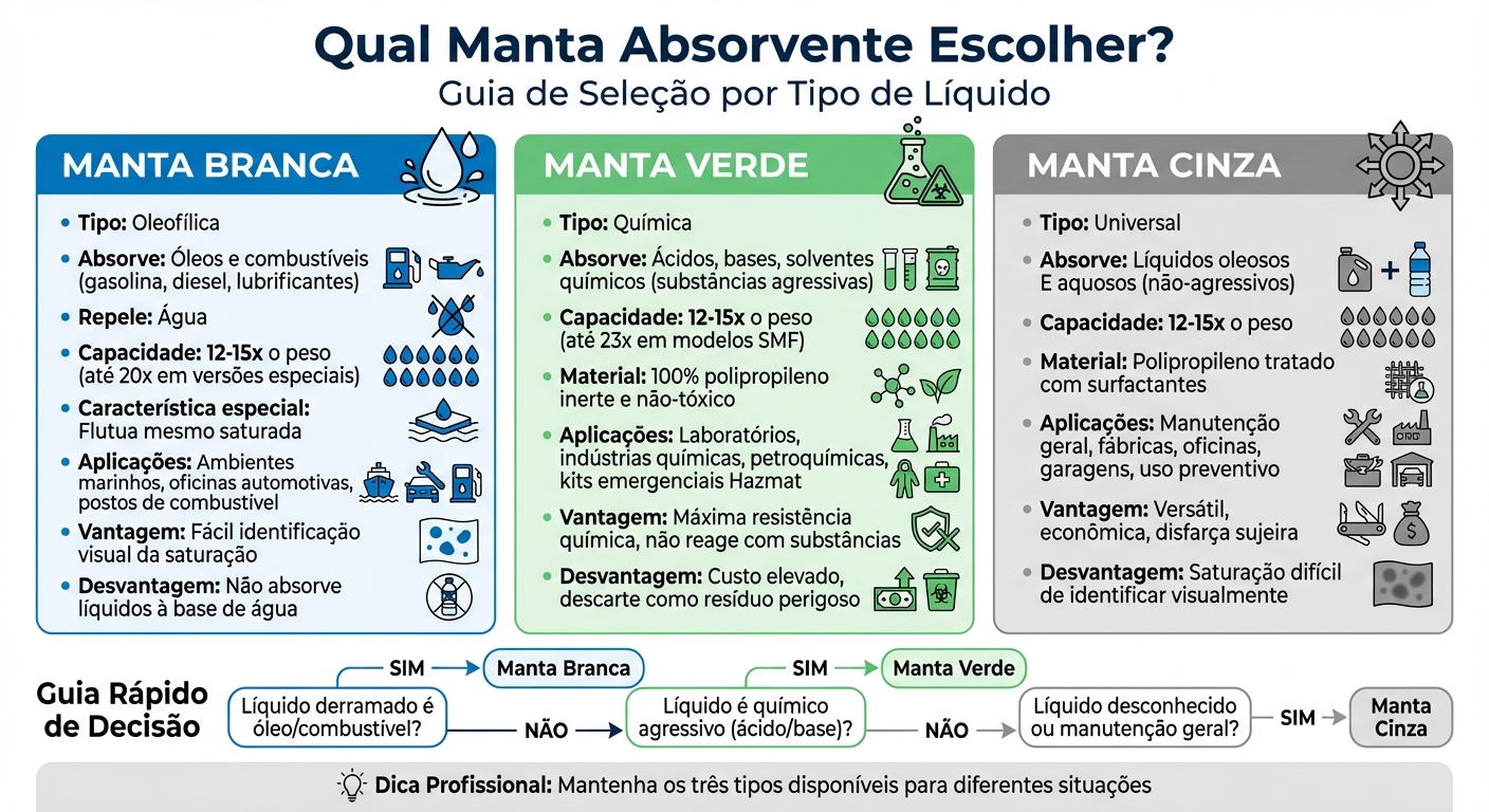 Comparação entre Mantas Absorventes: Branca, Verde e Cinza