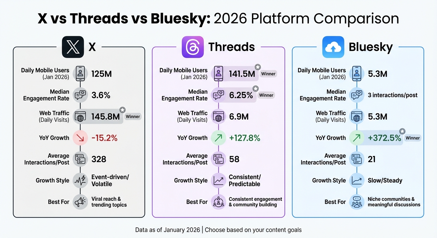 X vs Threads vs Bluesky: Platform Comparison 2026