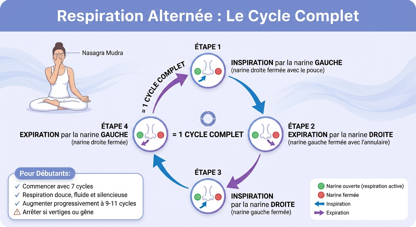 Guide visuel de la respiration alternée (Nadi Shodhana) en 4 étapes