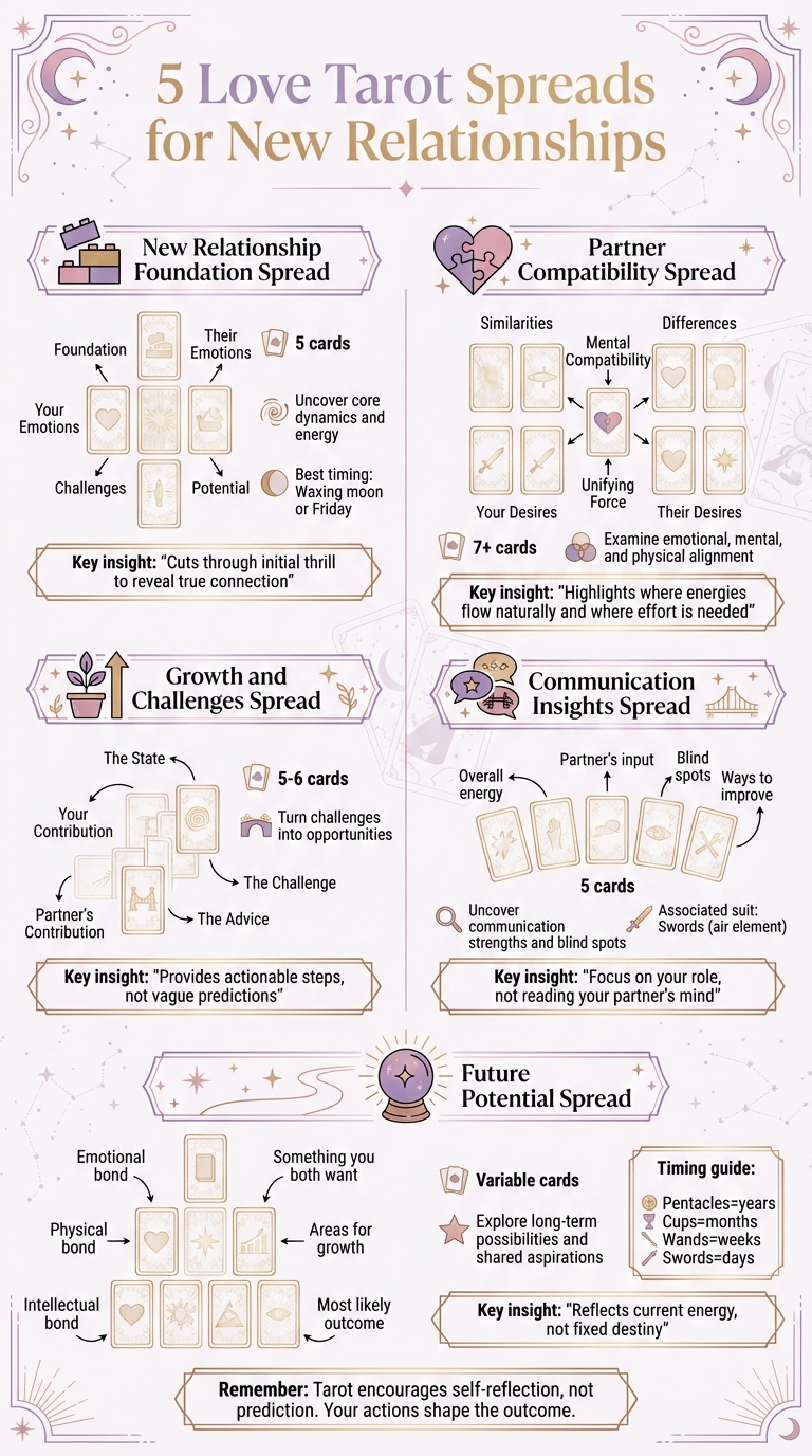 5 Love Tarot Spreads for New Relationships: Quick Reference Guide