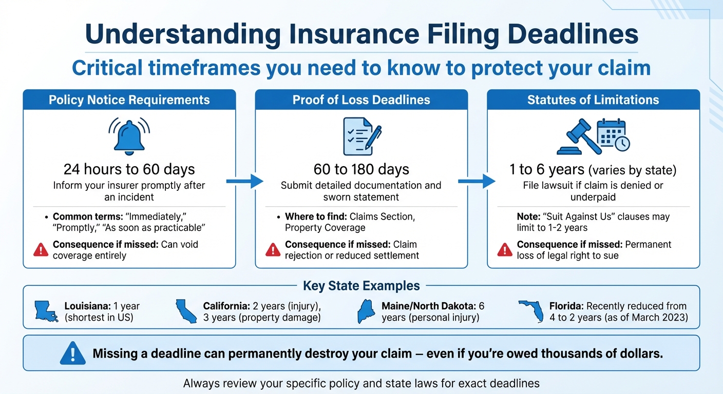 Insurance Filing Deadlines by Type: Notice, Proof of Loss, and Lawsuit Timeframes