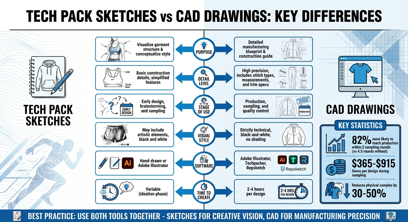 Tech Pack Sketches vs CAD Drawings Comparison for Activewear Design