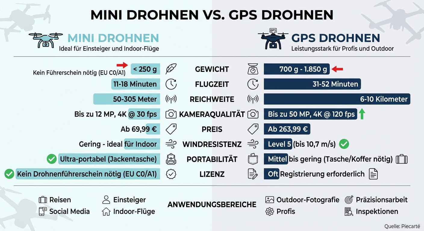 Mini Drohne vs GPS Drohne Vergleich: Gewicht, Flugzeit, Reichweite und Preis