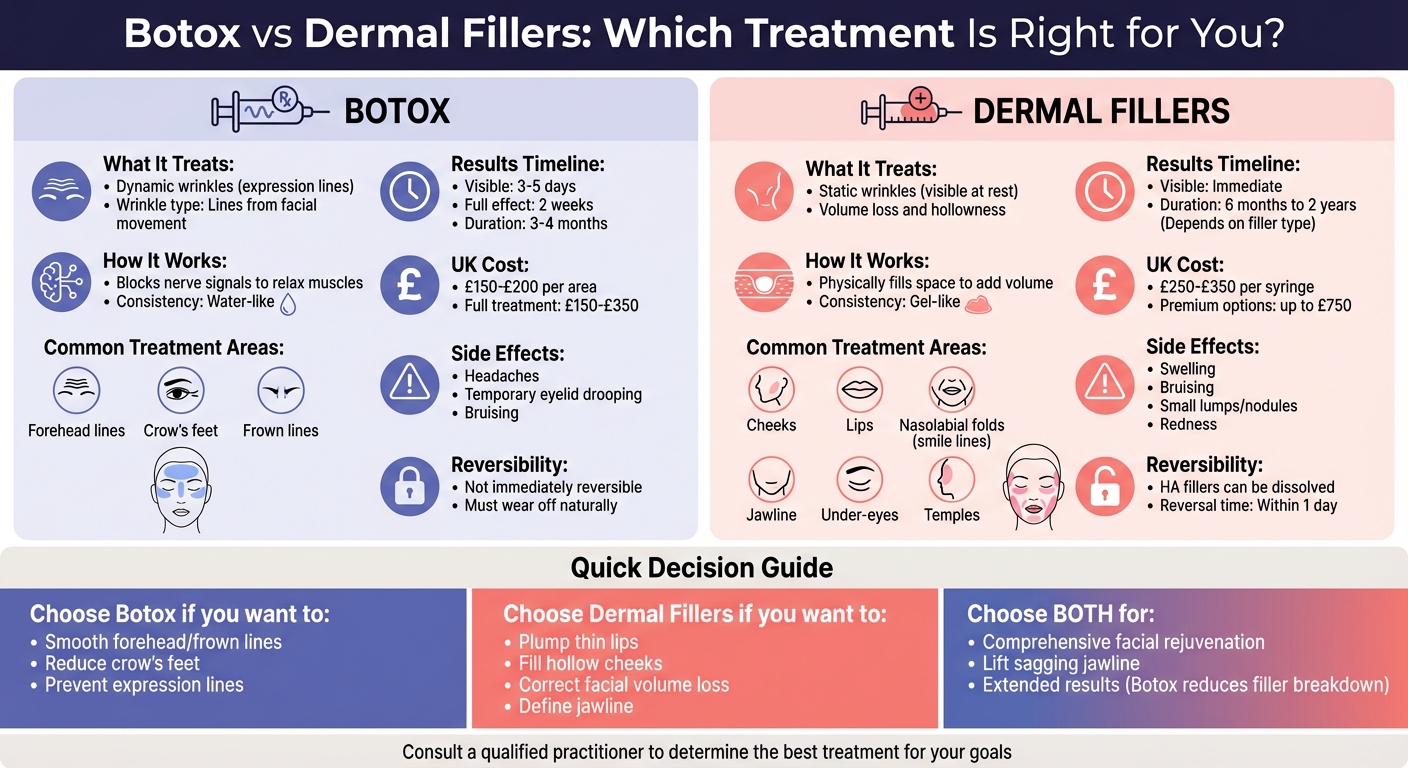 Botox vs Dermal Fillers Comparison Chart: Treatment Areas, Duration, and Costs