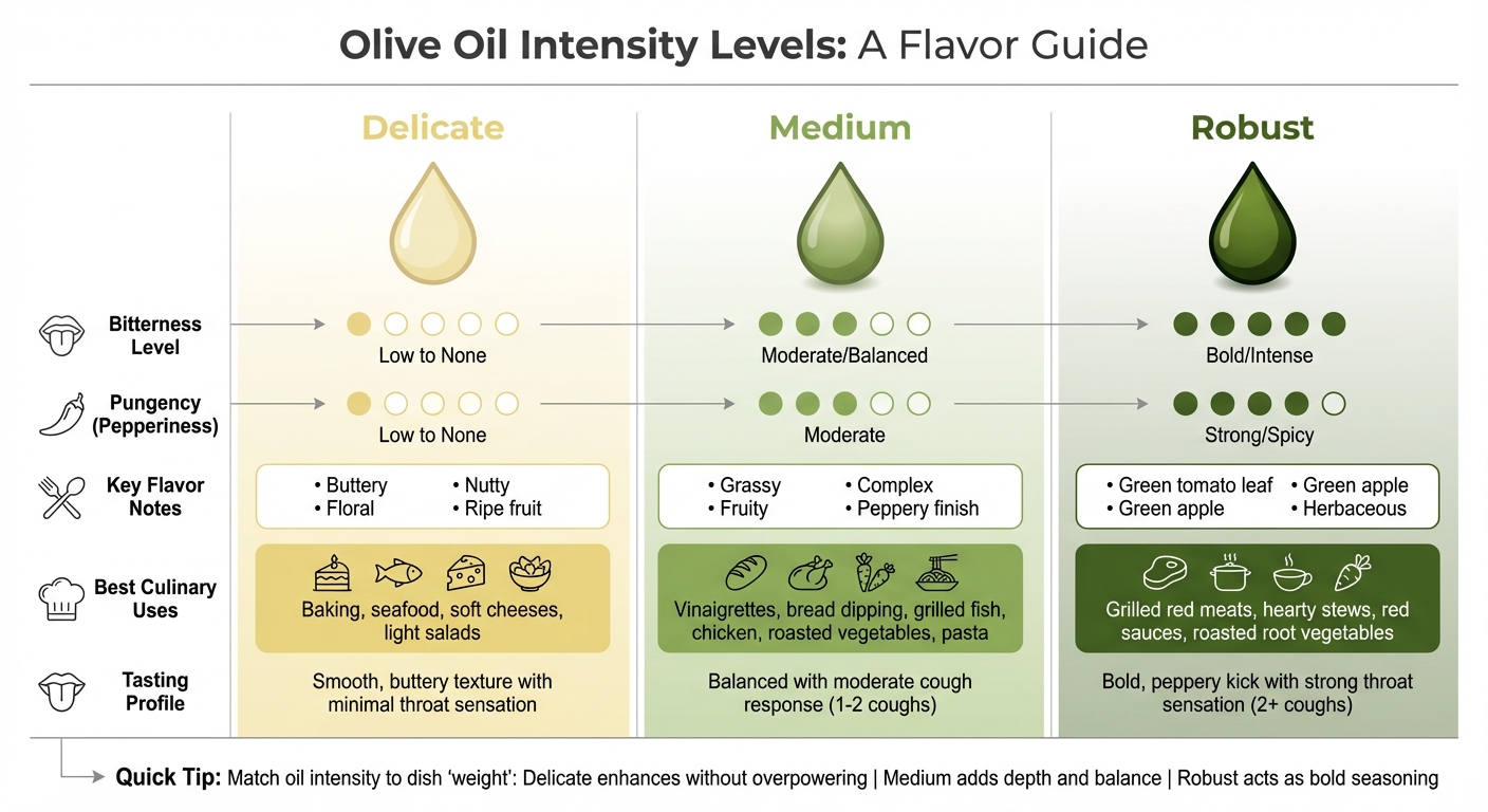 Olive Oil Intensity Levels Comparison Guide: Delicate vs Medium vs Robust