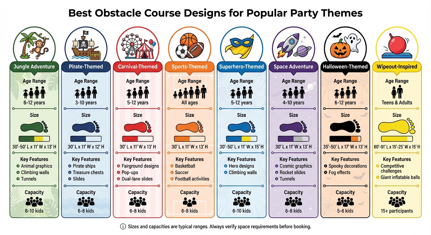 Obstacle Course Party Themes Comparison Chart by Age, Size and Features
