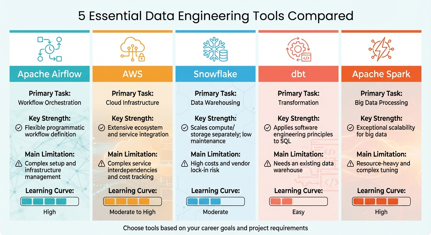 Data Engineering Tools Comparison: Airflow, AWS, Snowflake, dbt, and Spark