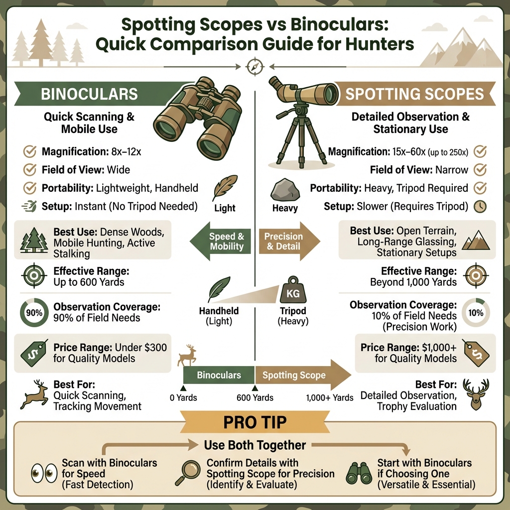 Spotting Scopes vs Binoculars Comparison Chart for Hunters