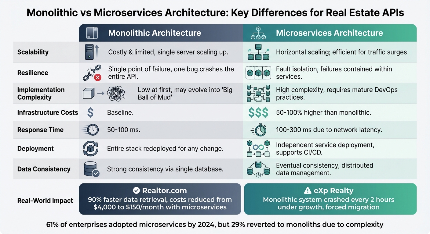 Monolithic vs Microservices architecture comparison chart for real estate APIs, highlighting scalability, resilience, implementation complexity, costs, response time, deployment, and data consistency, emphasizing BatchData's focus on scalable property data solutions.