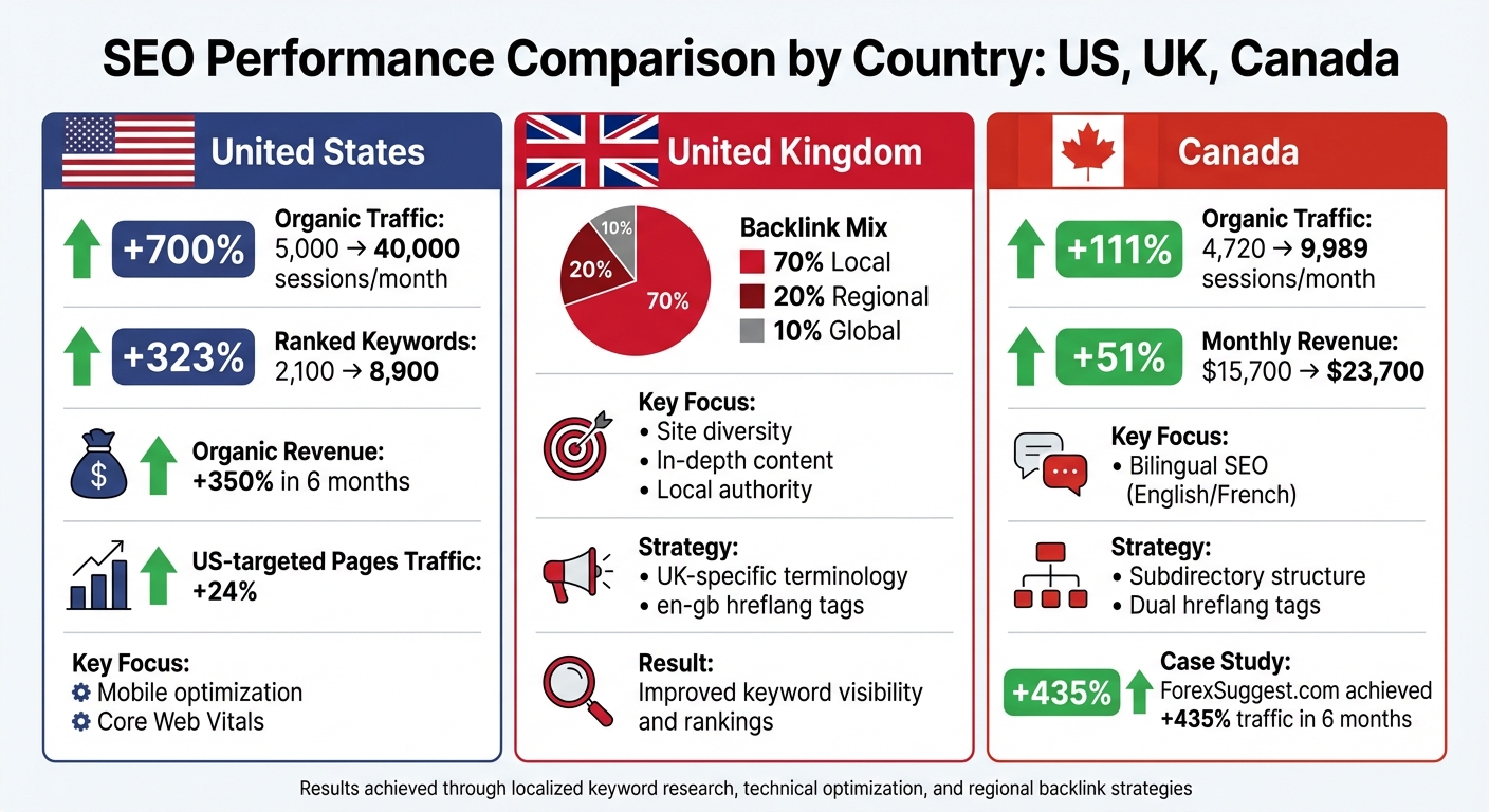 Country-Specific SEO Results: US, UK, and Canada Performance Comparison