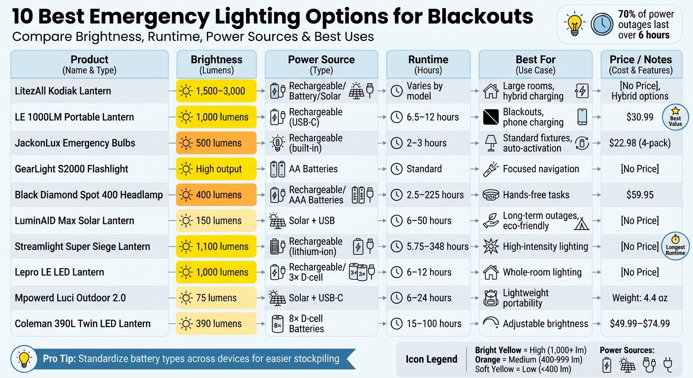 Emergency Lighting Comparison: Brightness, Runtime, and Power Sources