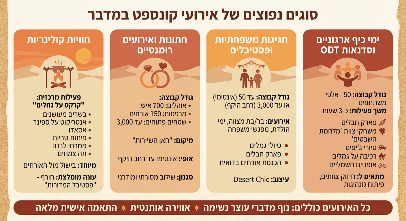 השוואת סוגי אירועי קונספט במדבר - פעילויות, גדלי קבוצות ויתרונות