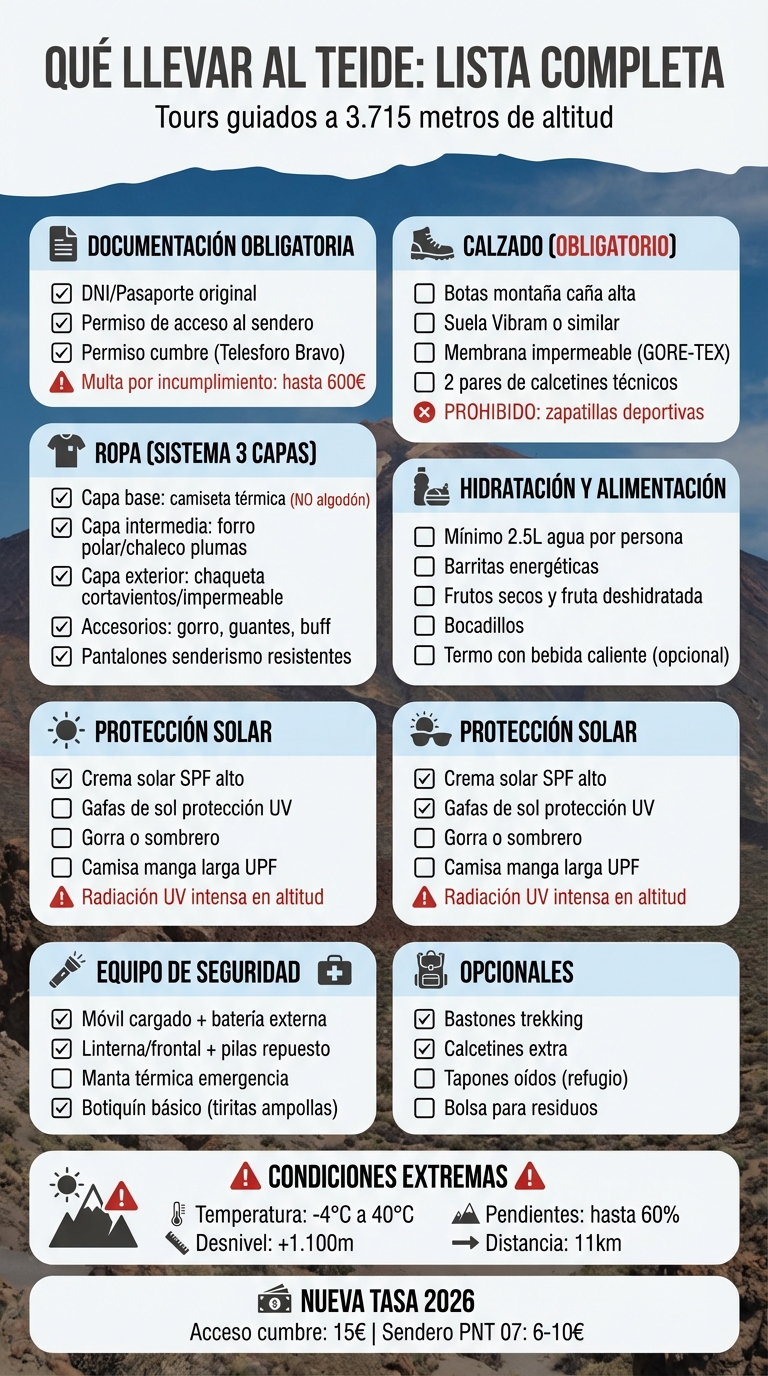 Complete list of essential luggage for guided tours in Teide