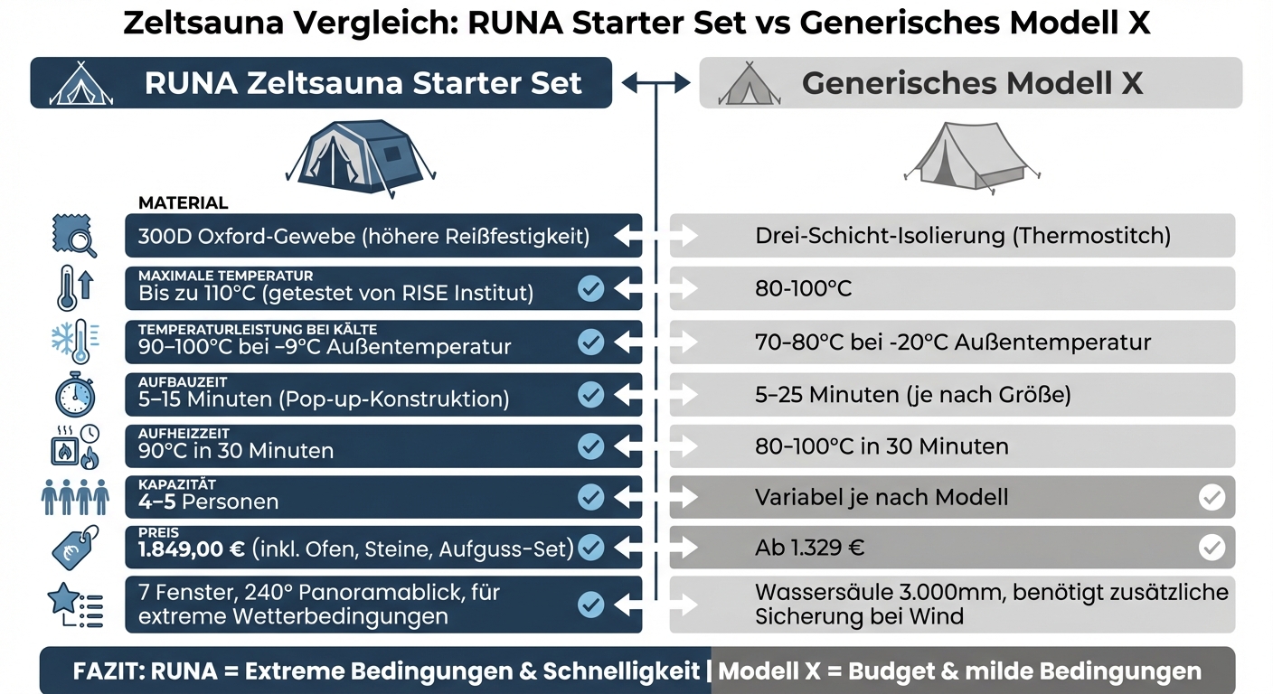RUNA vs Generisches Modell X Zeltsauna Vergleich: Material, Temperatur, Preis