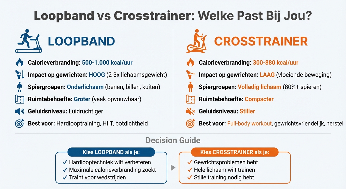 Loopband vs Crosstrainer vergelijking: calorieverbranding, impact en spiergroepen