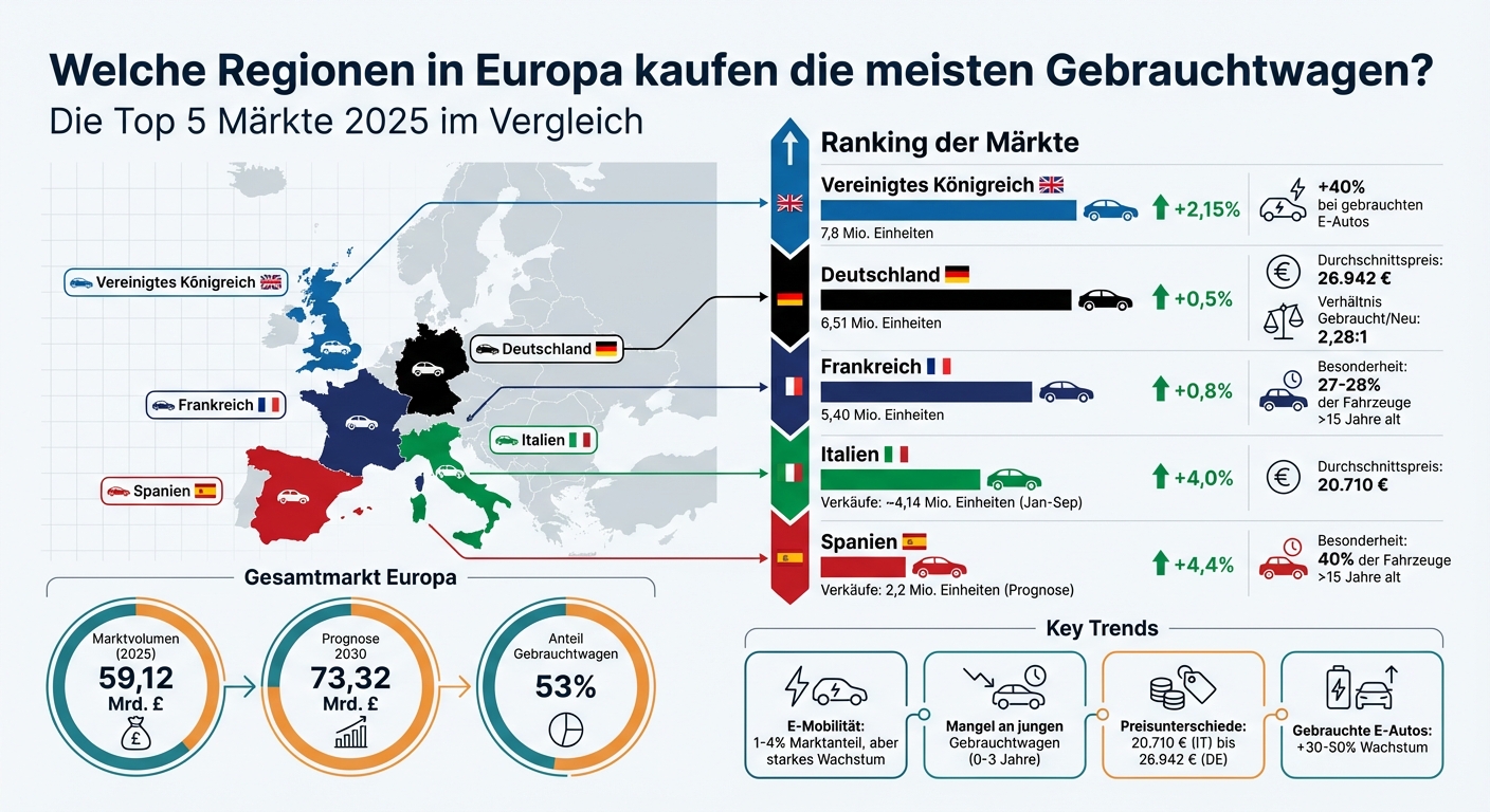 Top 5 Gebrauchtwagenmärkte in Europa 2025: Verkaufszahlen und Wachstumsraten im Vergleich
