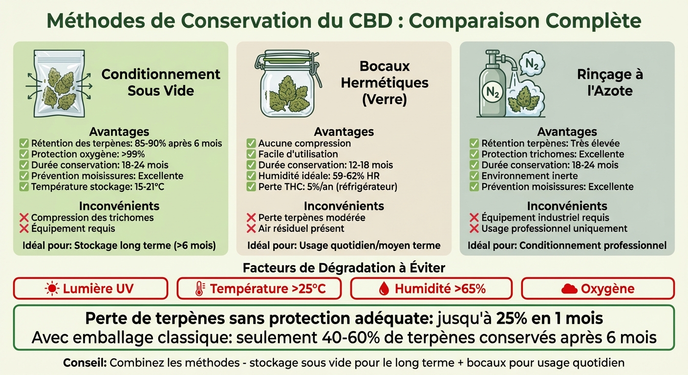 Comparaison des méthodes de conservation du CBD : sous vide, bocaux hermétiques et rinçage à l'azote