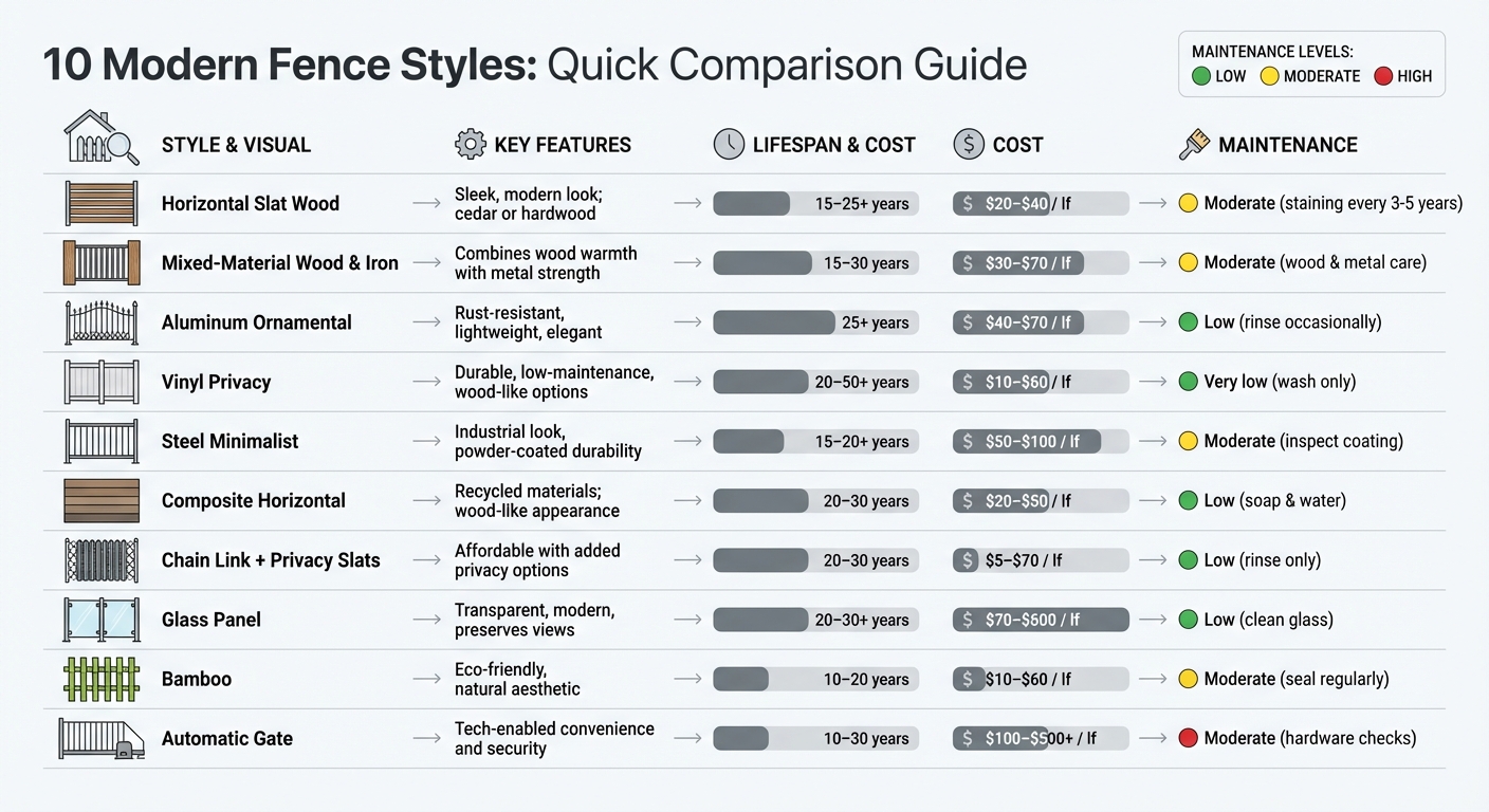 Modern Fence Styles Comparison: Features, Costs, and Maintenance Guide